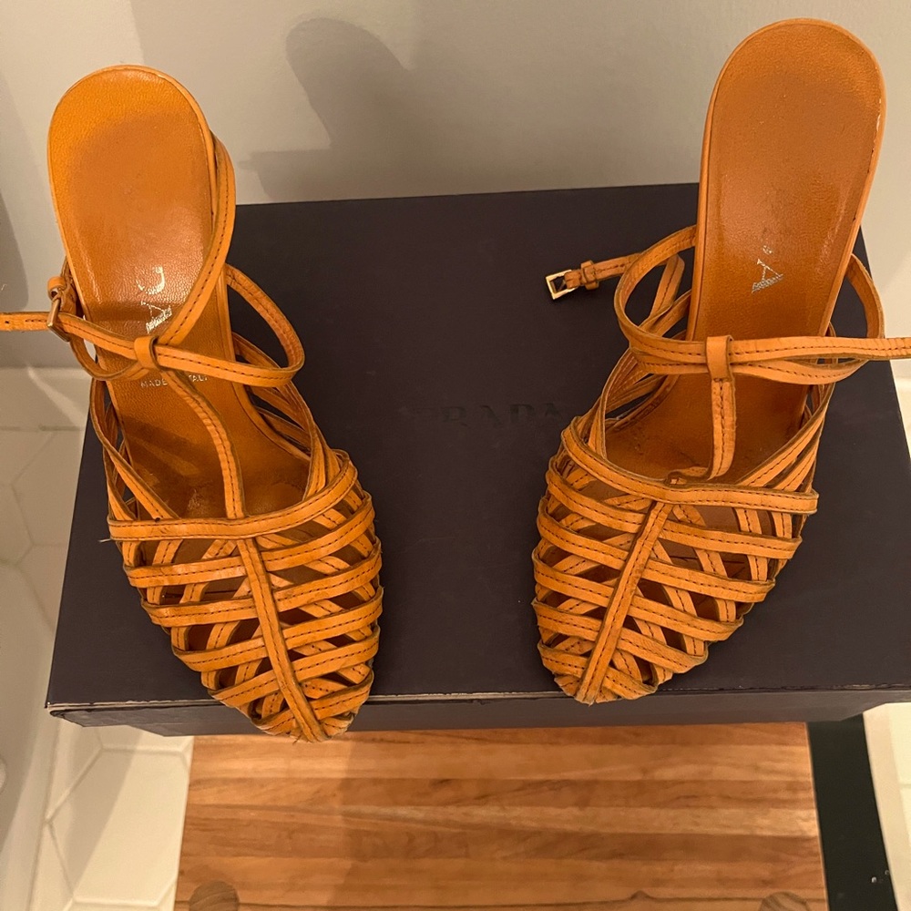 Prada | Orange Basketweave Ankle wrap Wooden Heels